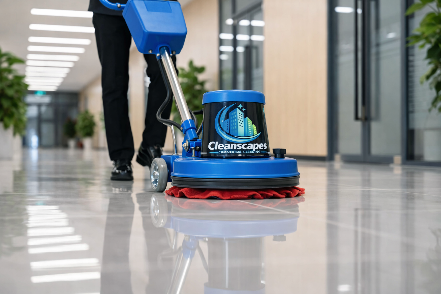 Home Cleanscapes floor care machine polishing a commercial floor